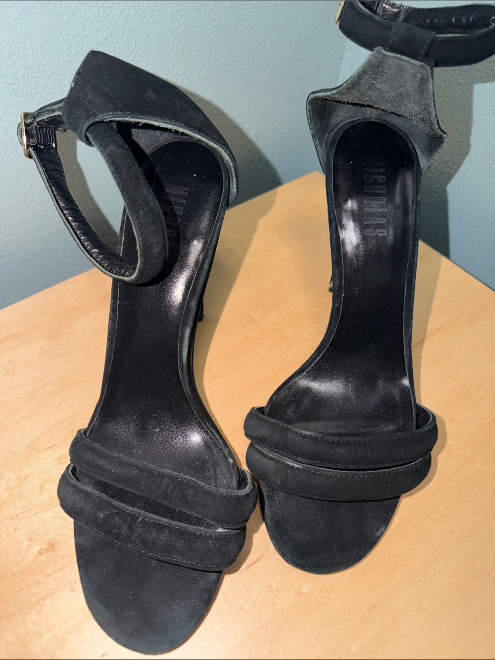 NICHOLAS Black Suede Ankle-Strap Heels size 8